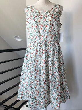 Tulip B Green Floral-Print Midi Dress with Orange Accents Cotton NWT L